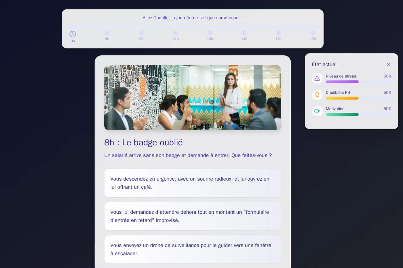 L’écran d’un lead magnet interactif : le joueur vit une journée de responsable RH, prend des décisions et voit ses indicateurs évoluer.