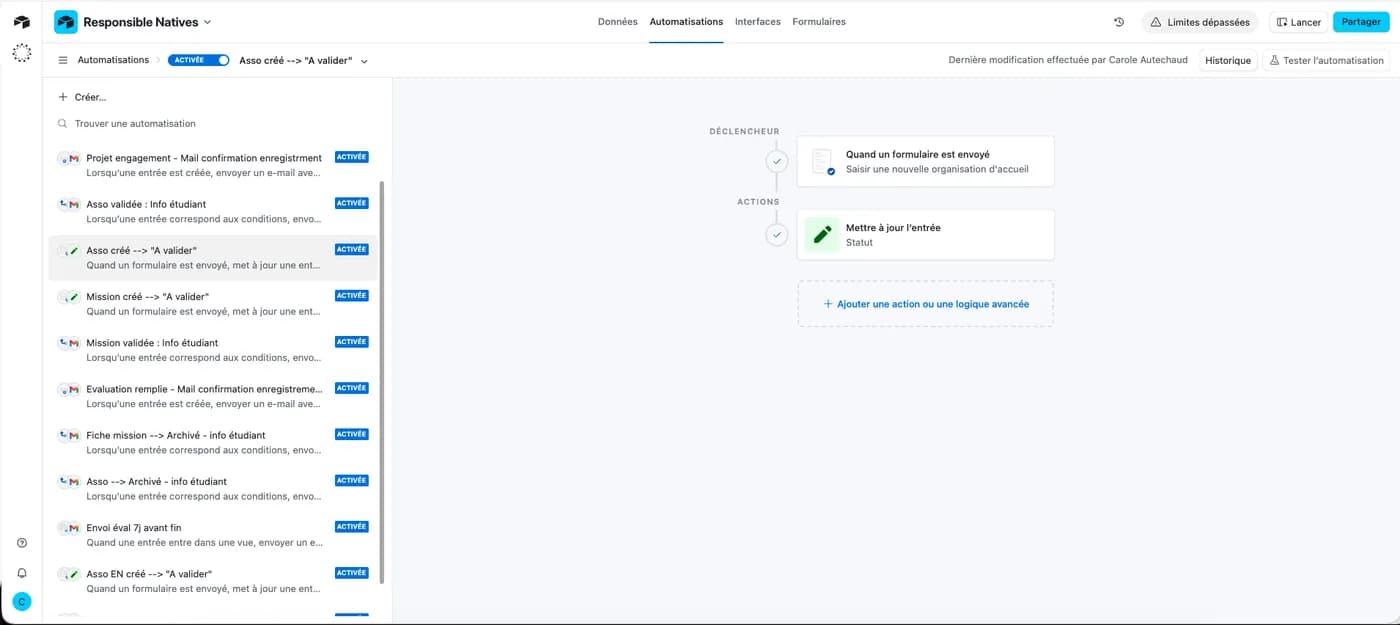 Automatisations Airtable de la signature des conventions : emails de confirmation, validations et relances automatiques