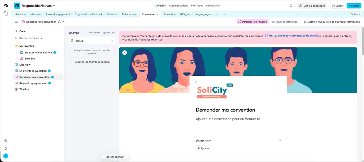 Le formulaire de demande de convention des missions solidaires, construit pour l’ESDES Lyon.