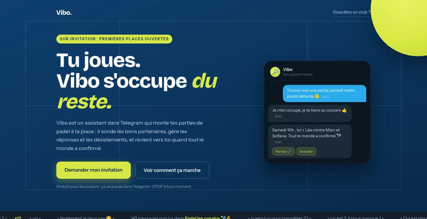 Page d’accueil de Vibo, l’assistant Telegram qui organise des parties de padel
