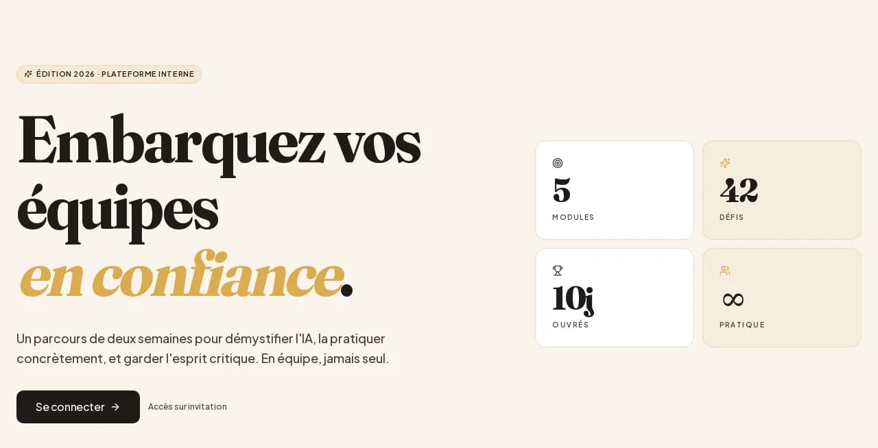 La page d’entrée de la plateforme du Challenge IA : cinq modules, quarante-deux défis, dix jours ouvrés, accès sur invitation.