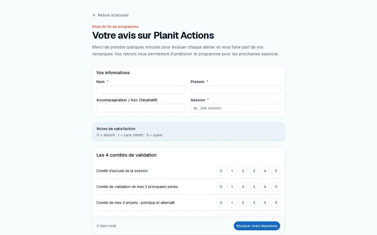 Le questionnaire de bilan en ligne construit par le studio pour Planit Actions : les participants notent chaque atelier, l’application génère la synthèse automatiquement.