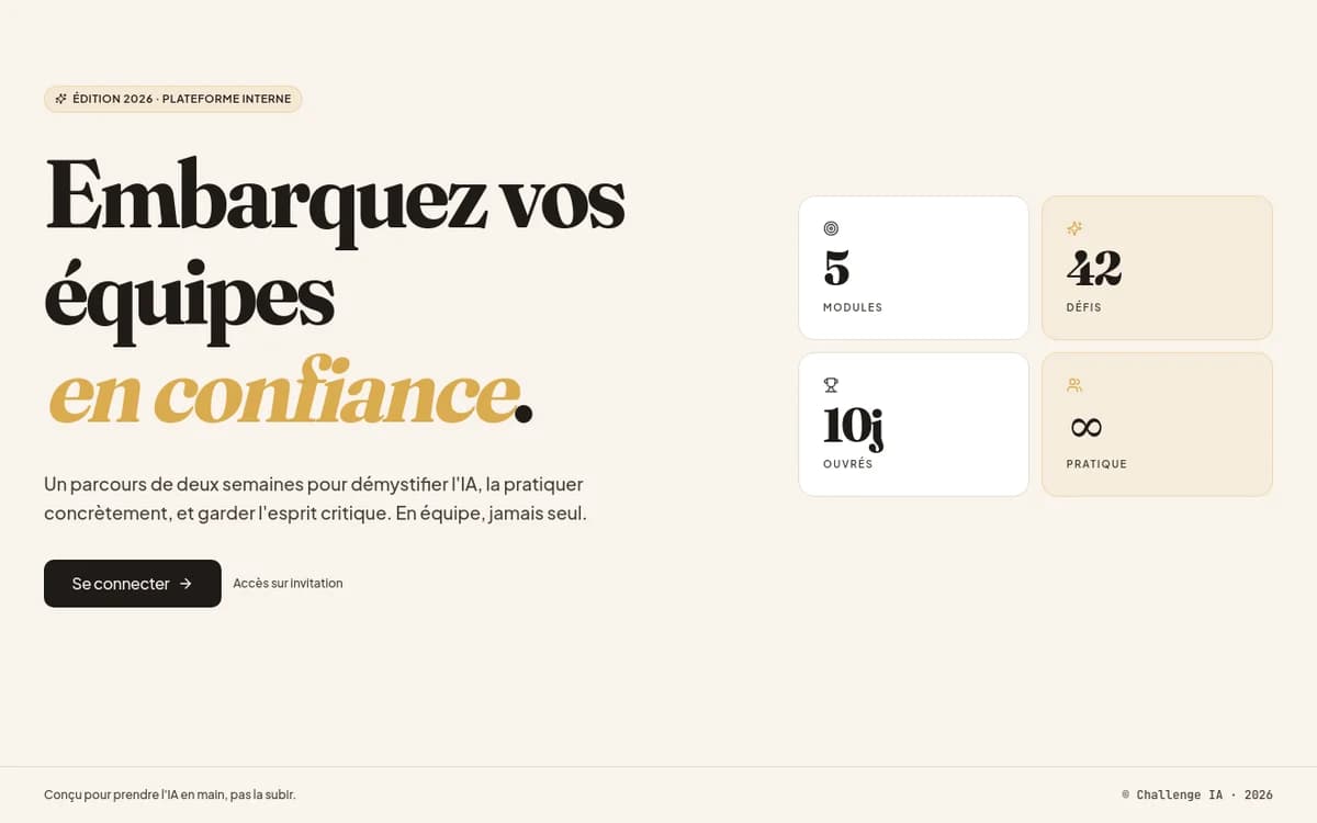 La plateforme du Challenge IA : dix jours ouvrés, cinq modules, quarante-deux défis.