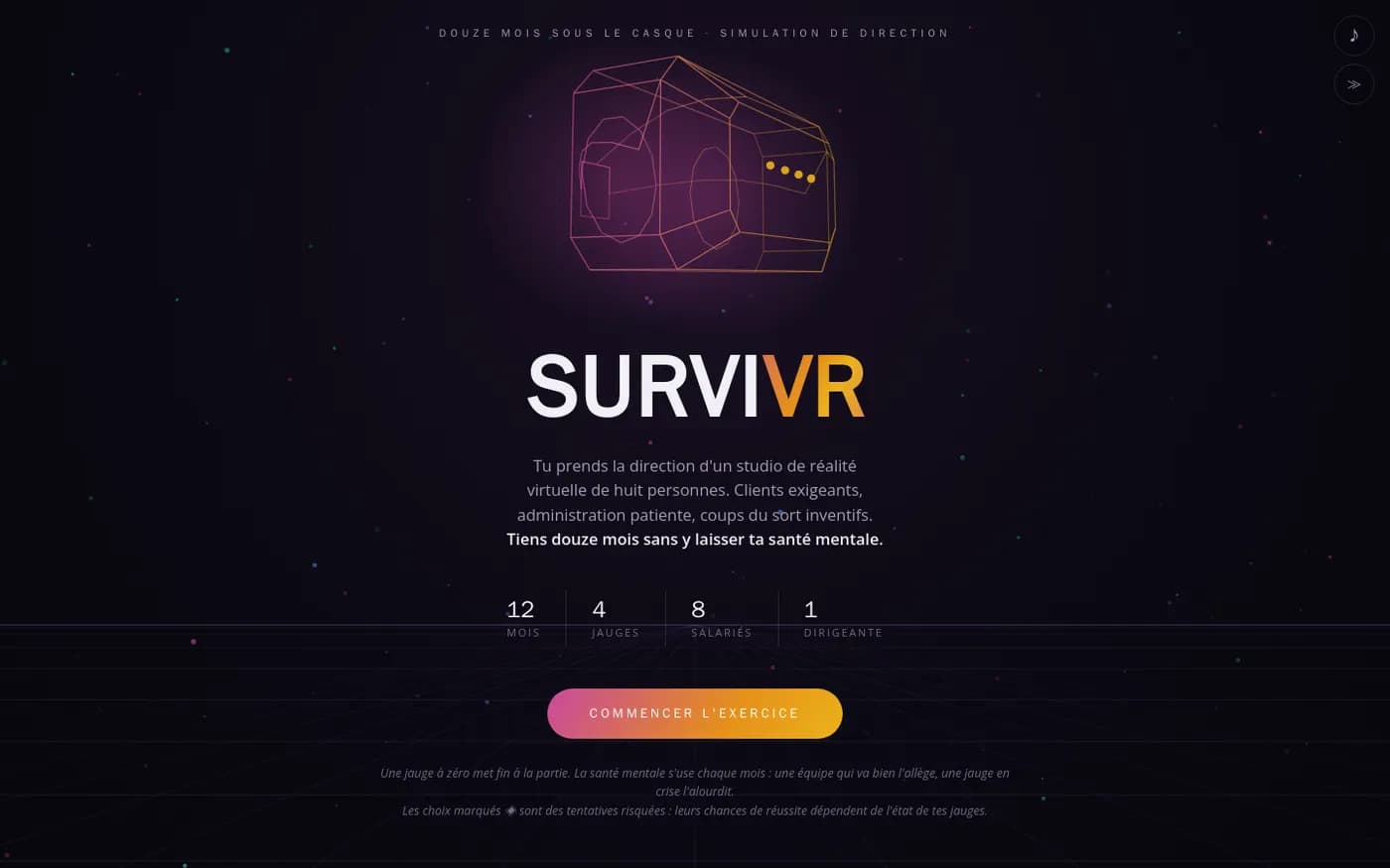 L’écran d’accueil de SurviVR : douze mois à la direction d’un studio de réalité virtuelle.