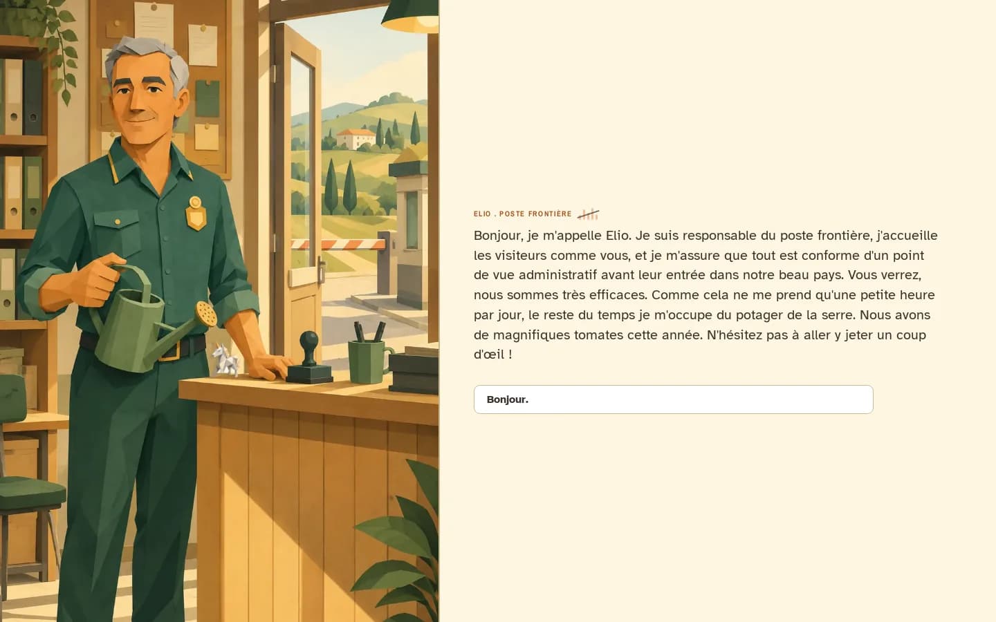 Le face-à-face avec Elio, responsable du poste frontière, dans Terra IncognIA : il accueille le joueur et lui explique le fonctionnement du poste