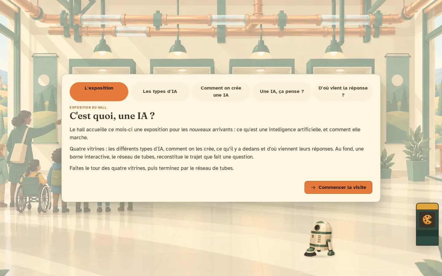 L’exposition du hall dans Terra IncognIA : « C’est quoi, une IA ? », quatre vitrines, les types d’IA, comment on crée une IA, une IA ça pense, d’où vient la réponse