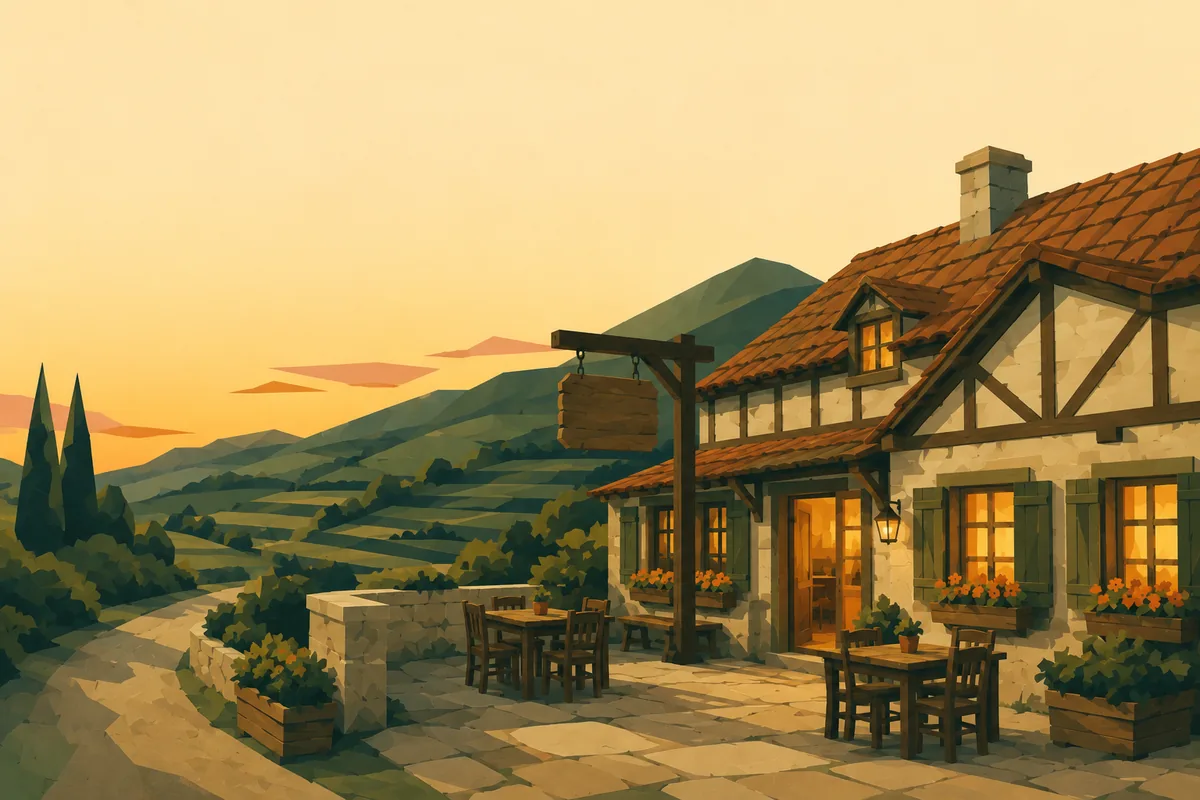 Carte postale de l’Auberge d’Incognia : sa terrasse et sa façade claire au bord du chemin