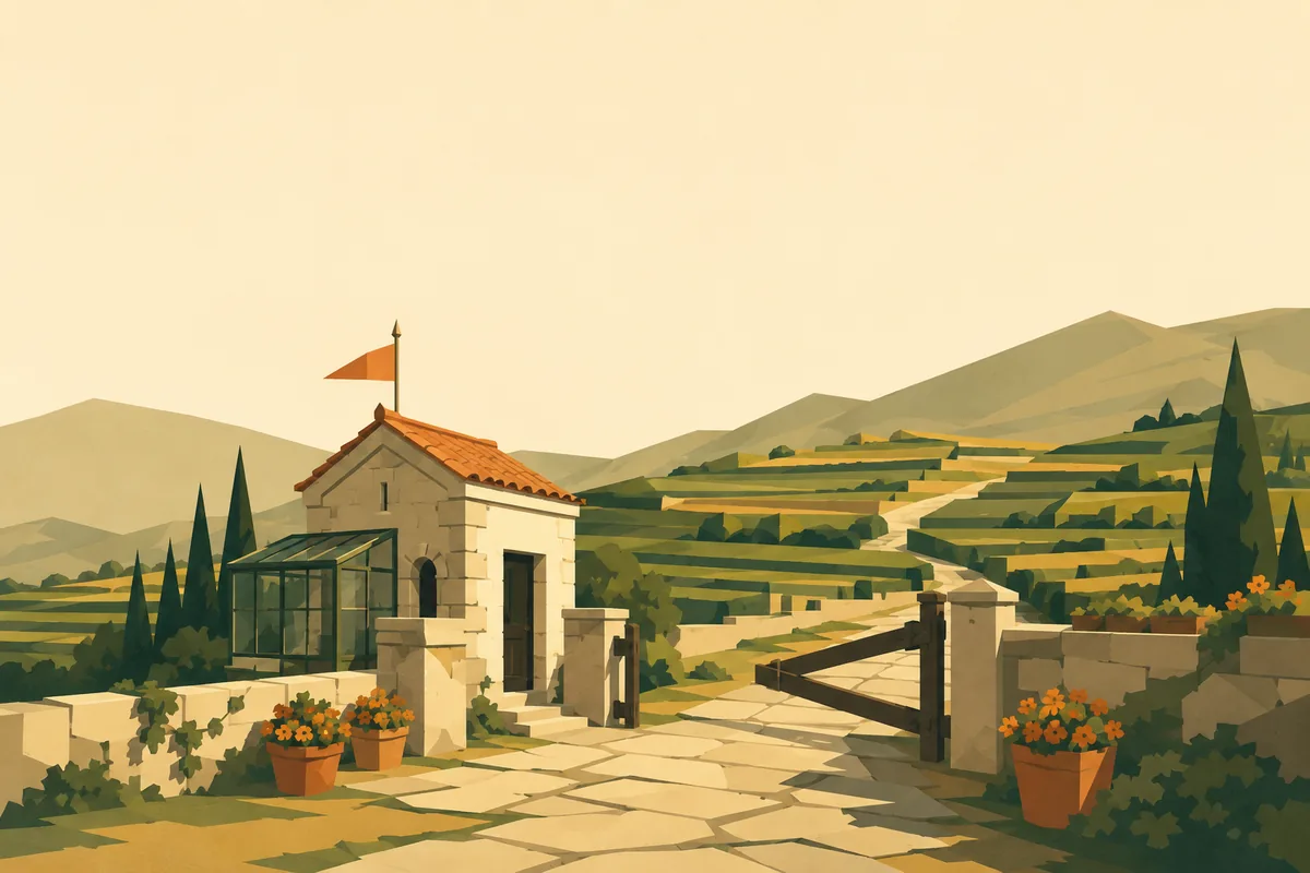 Carte postale de la Douane d’Incognia : le poste-frontière, sa serre vitrée et son drapeau orange au bord d’un chemin de pierre